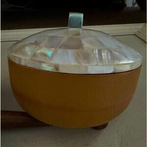 Vintage inlaid mother of pearl tiles dome lid with a wooden bowl base.